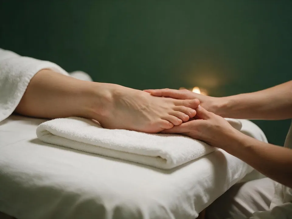 Entspannende Fußmassage mit Frangipani-Blüte